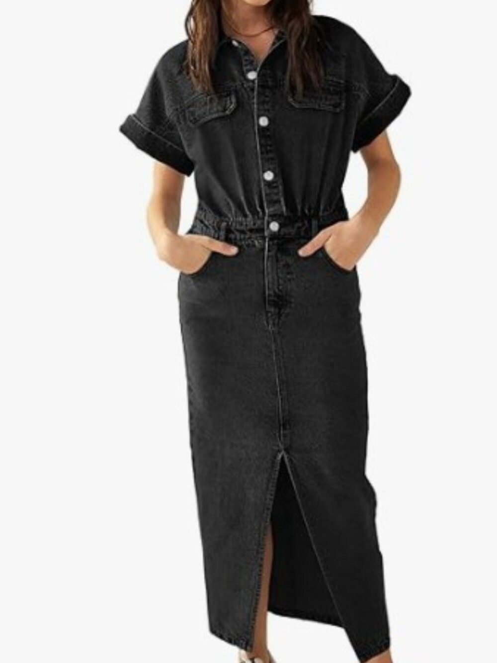Black Short-Sleeve Button-Front Denim Dress